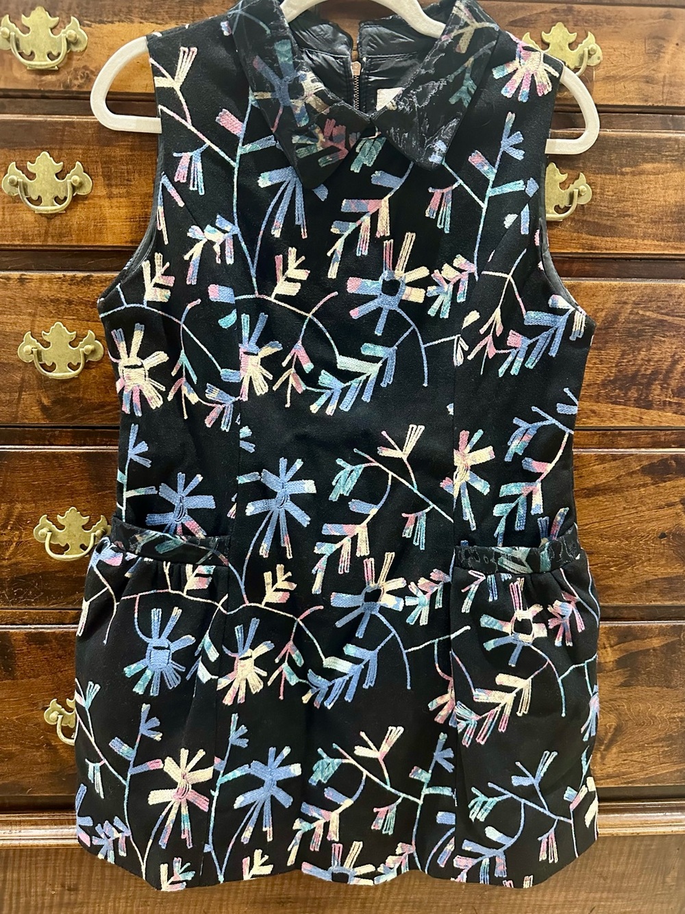 Black Sleeveless Floral Appliqué Mini Dress with Pastel Multi-Color Motif